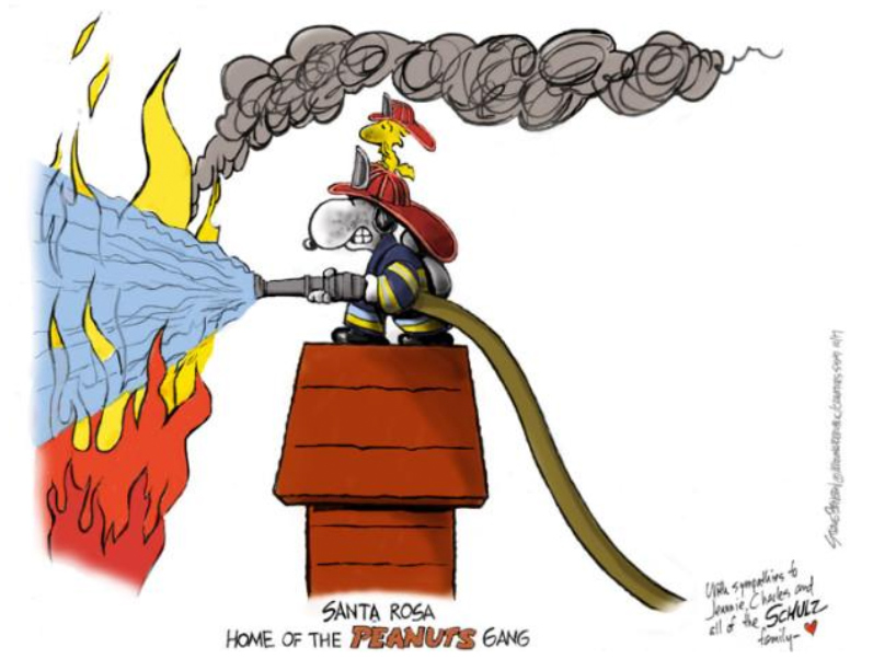 Peanuts Cartoon of Snoopy fighting a fire